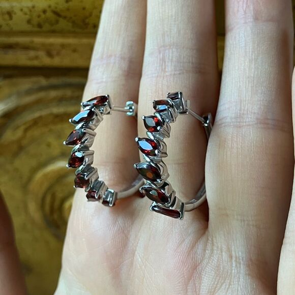 Natural Red Garnet Sterling Silver Hoop Earrings - Picture 9 of 9